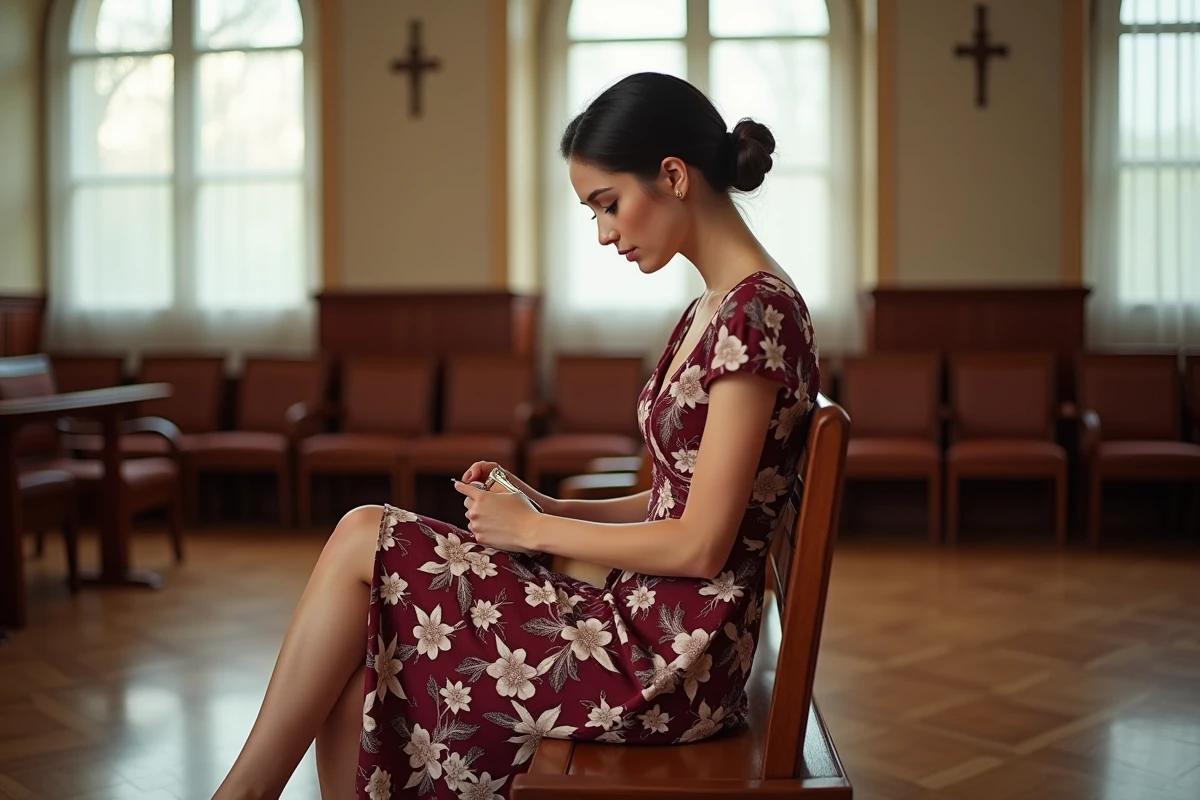 Femme assise en robe cocktail imprimé floral bordeaux dans une salle de mariage civil lumineuse
