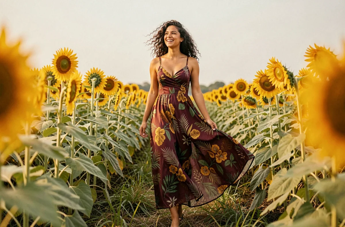 Femme en robe longue fleurie aux tons profonds marchant dans un champ de tournesols pour un shooting photo estival