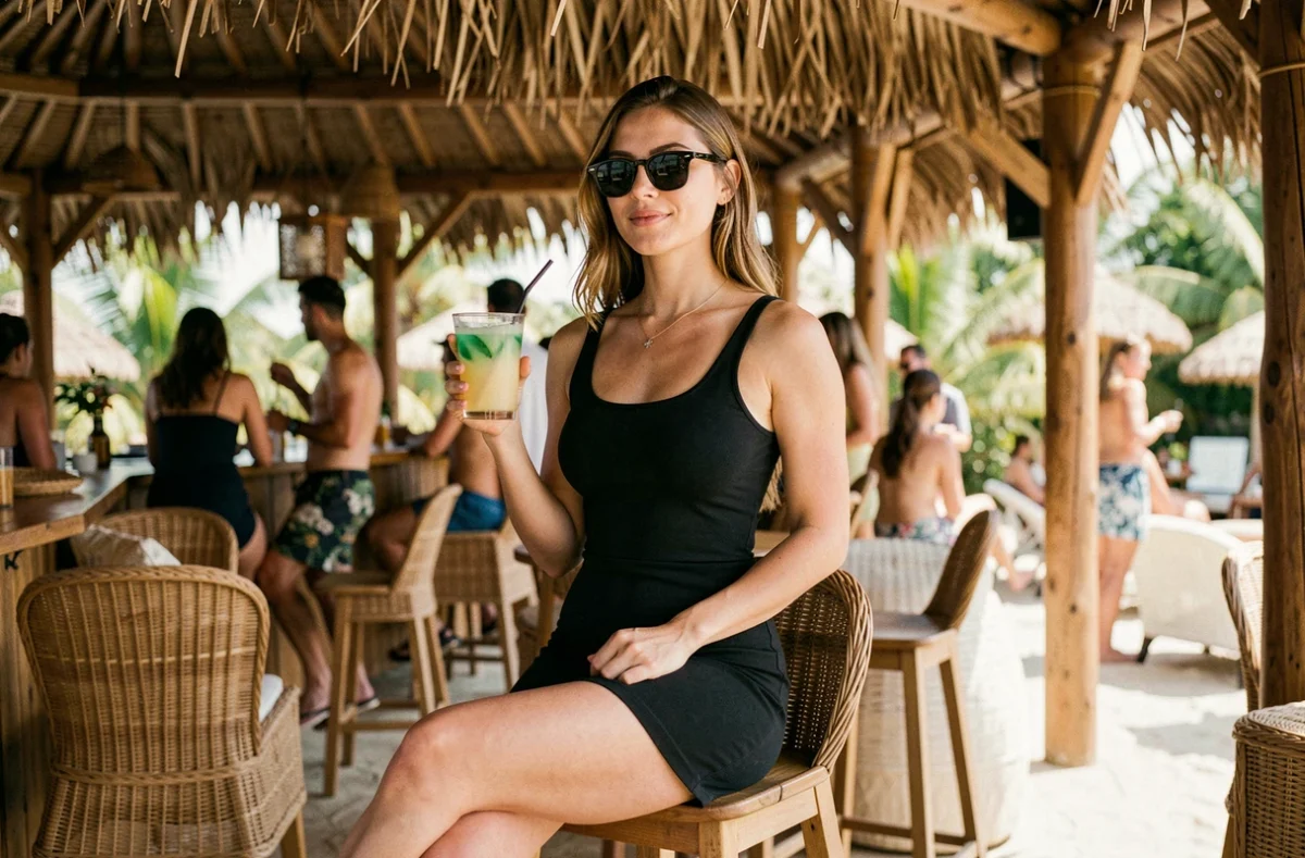 Femme portant une robe courte moulante noire dans un beach club tropical ambiance été