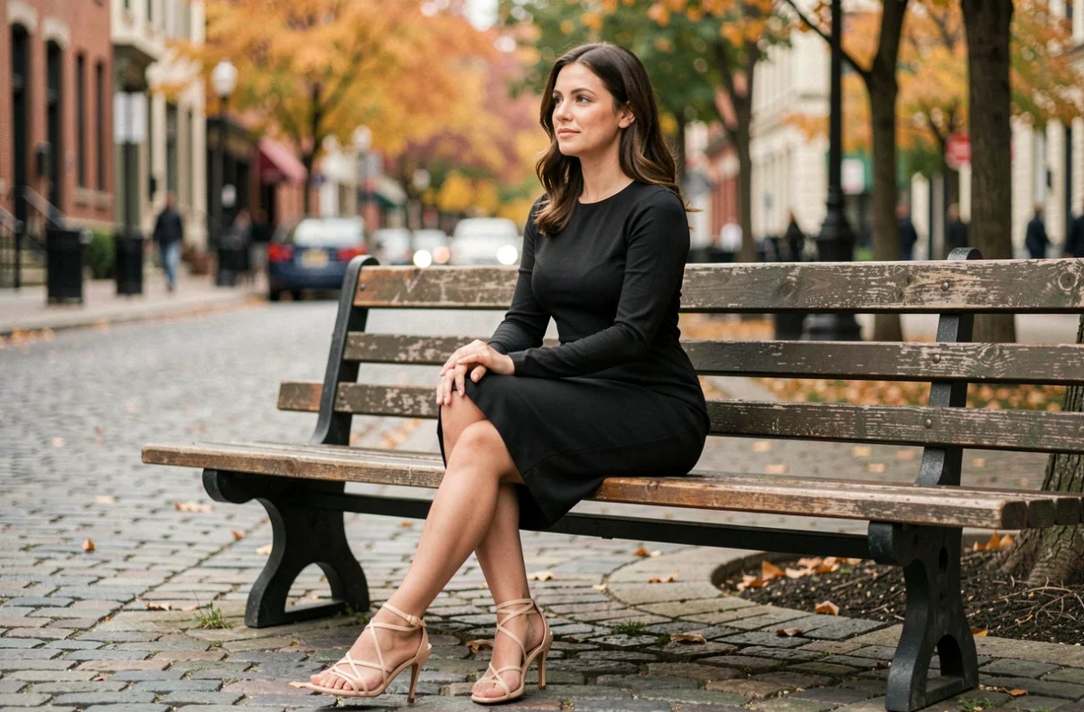 Femme en robe noire avec collants nude et sandales beige en extérieur sur pavés parisiens
