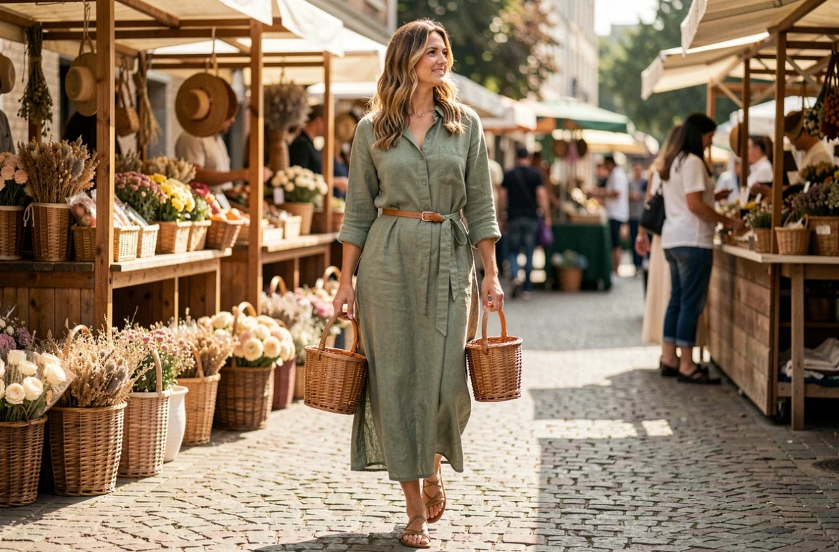 Femme en robe chemise oversize en lin ceinturée au marché, silhouette féminine et décontractée mise en valeur