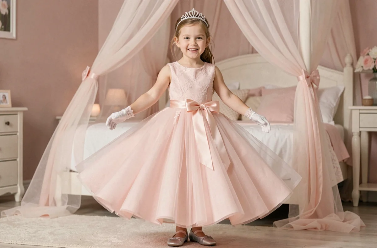 Jeune fille portant une robe de princesse rose avec tulle, tiare et ballerines argentées dans une chambre décorée