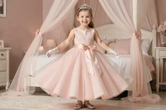 Jeune fille portant une robe de princesse rose avec tulle, tiare et ballerines argentées dans une chambre décorée