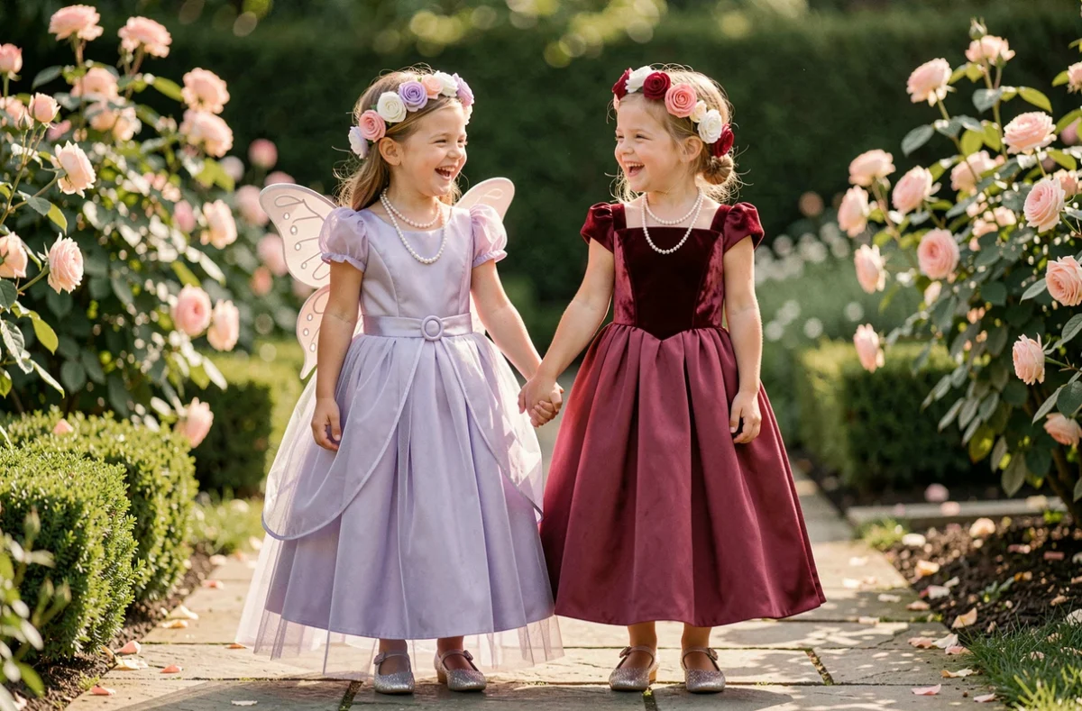 Deux fillettes en robes de princesse coordonnées lavande et rose avec couronnes florales dans un jardin fleuri