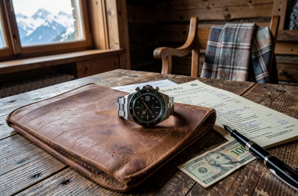 Rolex GMT-Master II posée sur du cuir avec un guide de prix et des francs suisses dans un chalet alpin suisse