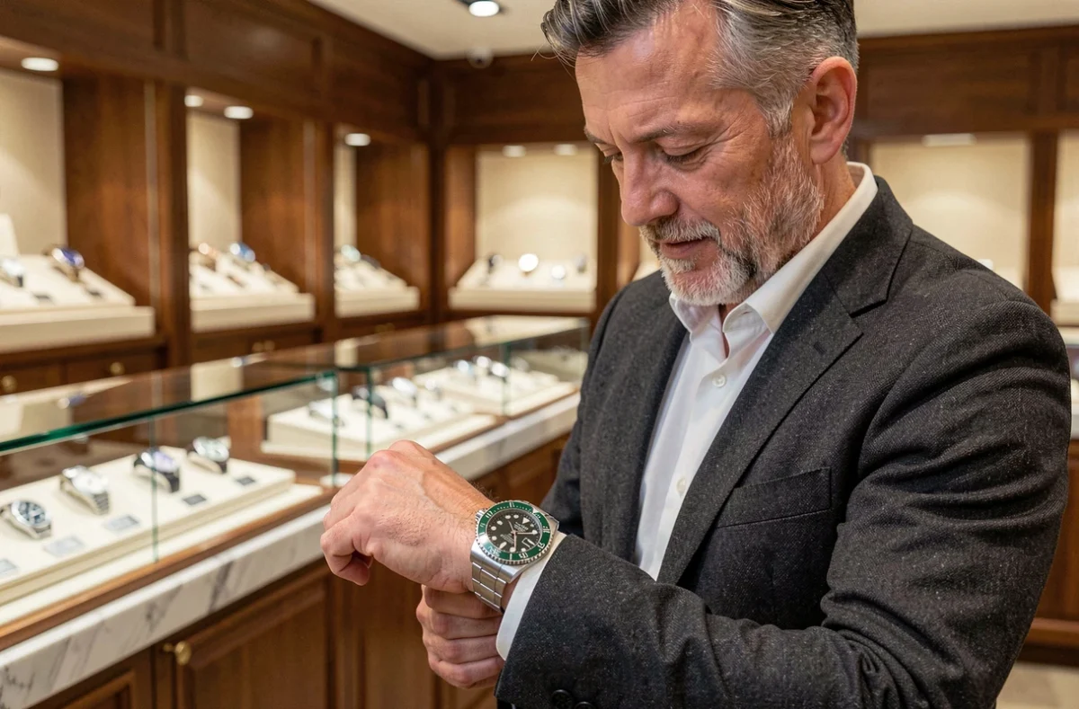 Homme en costume gris examinant une Rolex Submariner dans une boutique horlogère suisse de luxe en 2026