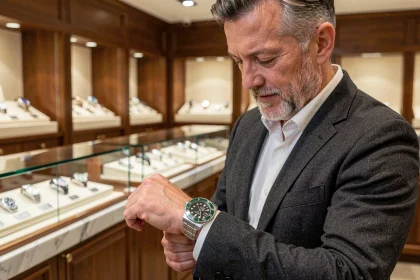 Homme en costume gris examinant une Rolex Submariner dans une boutique horlogère suisse de luxe en 2026