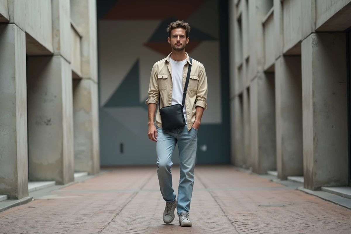 Homme trendy en jean clair et sneakers suède gris portant un sac bandoulière carré en cuir noir mat dans un quartier design urbain aux murs en béton