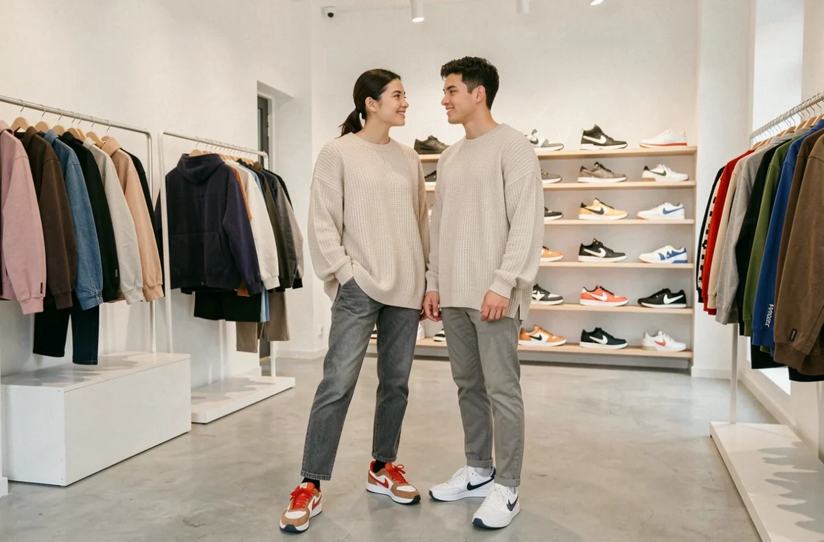 Couple explorant la sélection mode et sneakers de Saison Shop à Marseille dans un intérieur boutique contemporain aux murs blancs