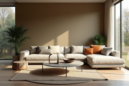 Salon moderne avec mur accent vert-brun et décoration tendance 2025