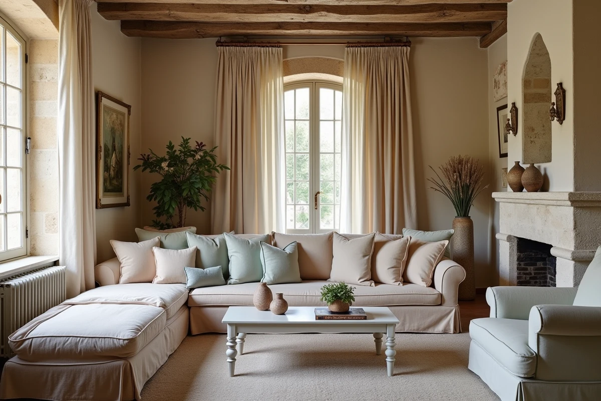 Salon provençal avec rideaux et coussins faits main par une couturiere