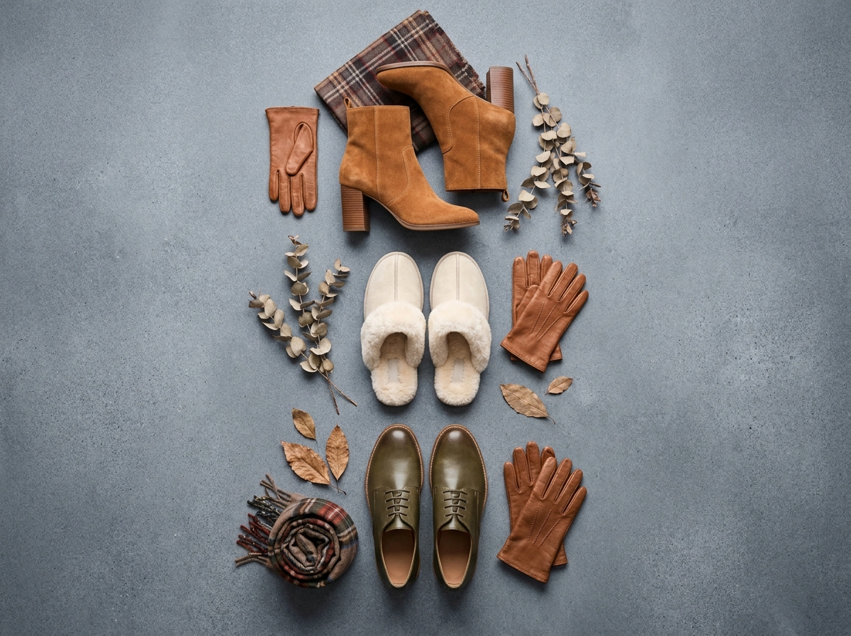 Sélection de chaussures tendance automne-hiver en vue du dessus : bottines suède caramel, mules shearling et derbies kaki sur béton gris
