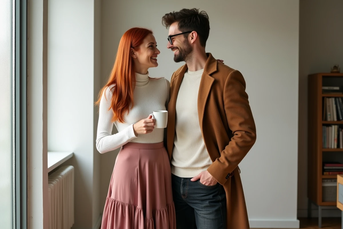 Couple élégant photographié dans un appartement scandinave lumineux, shooting photo de couple en intérieur moderne et chaleureux