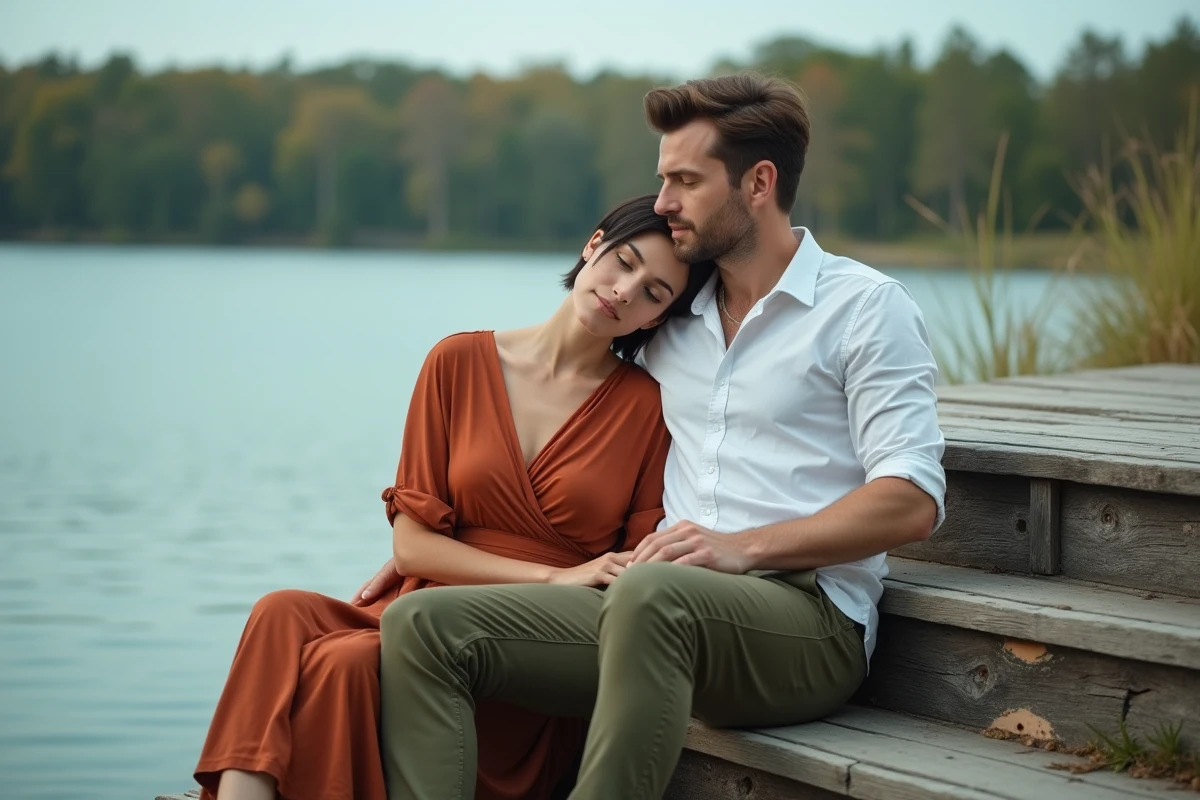 Couple détendu assis sur un ponton en bois au bord d'un lac, séance photo intimiste dans un cadre naturel et authentique
