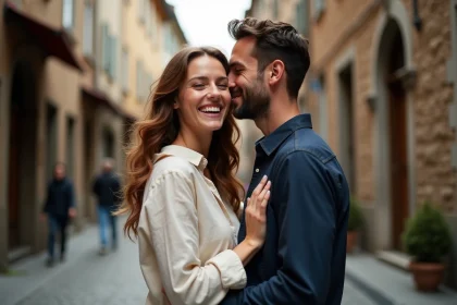 Couple complice immortalisé en pleine rue pavée d'un quartier européen, shooting photo romantique et naturel en plein air