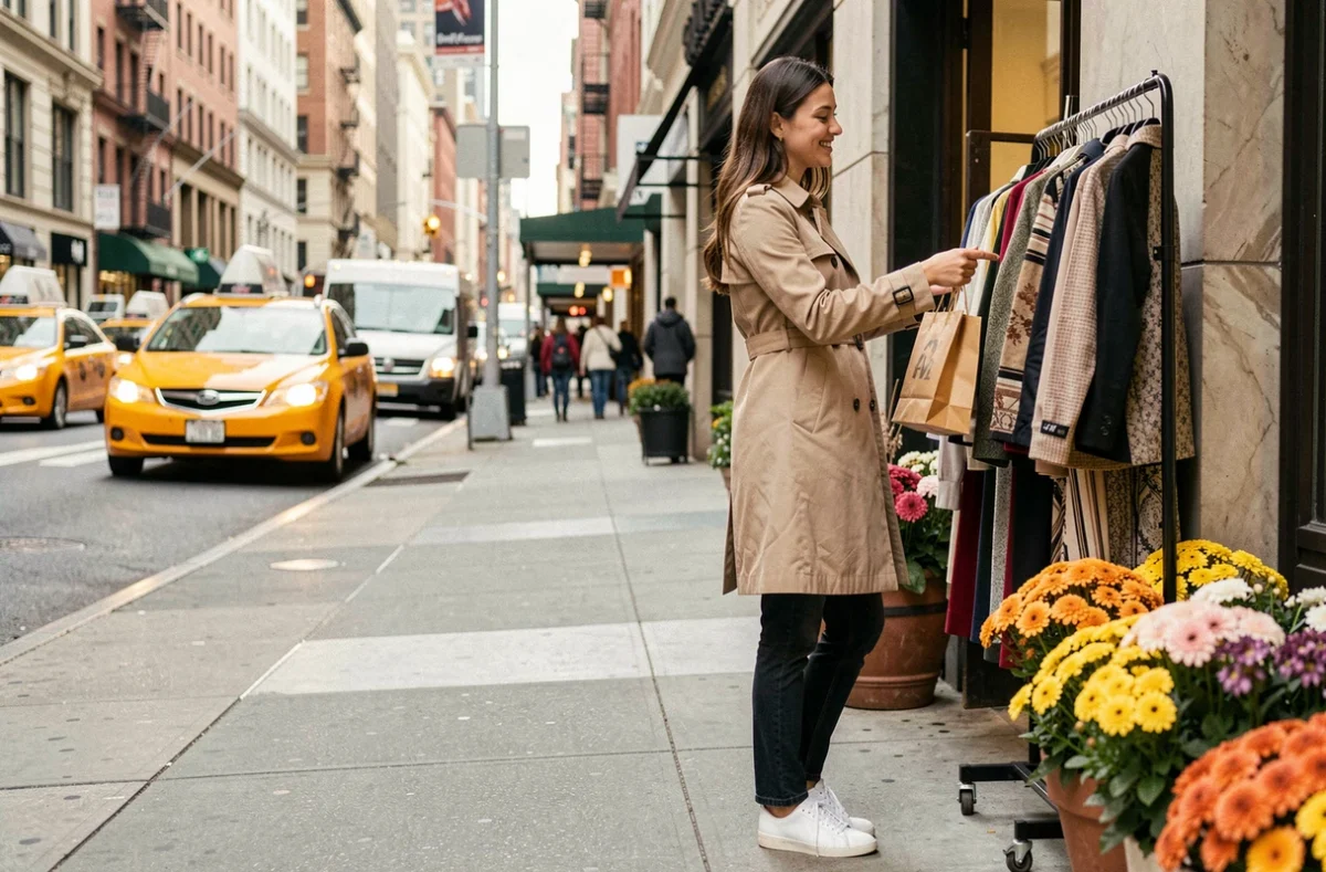 Jeune femme faisant du shopping sur la 5e Avenue à New York avec un petit budget, souriante devant une boutique