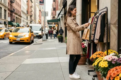 Jeune femme faisant du shopping sur la 5e Avenue à New York avec un petit budget, souriante devant une boutique