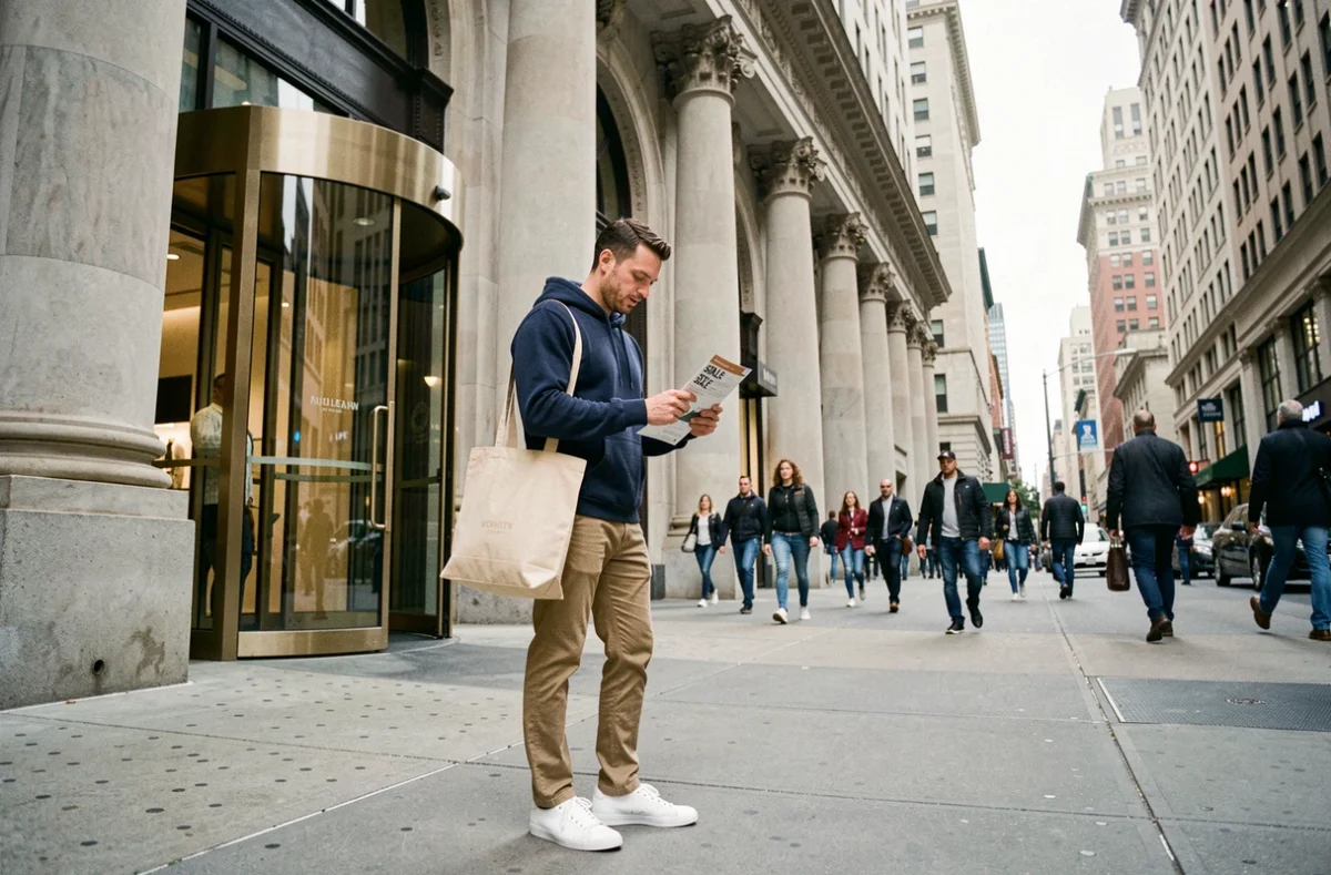 Homme consultant une promotion devant un grand magasin de la 5e Avenue à New York pour faire du shopping économique