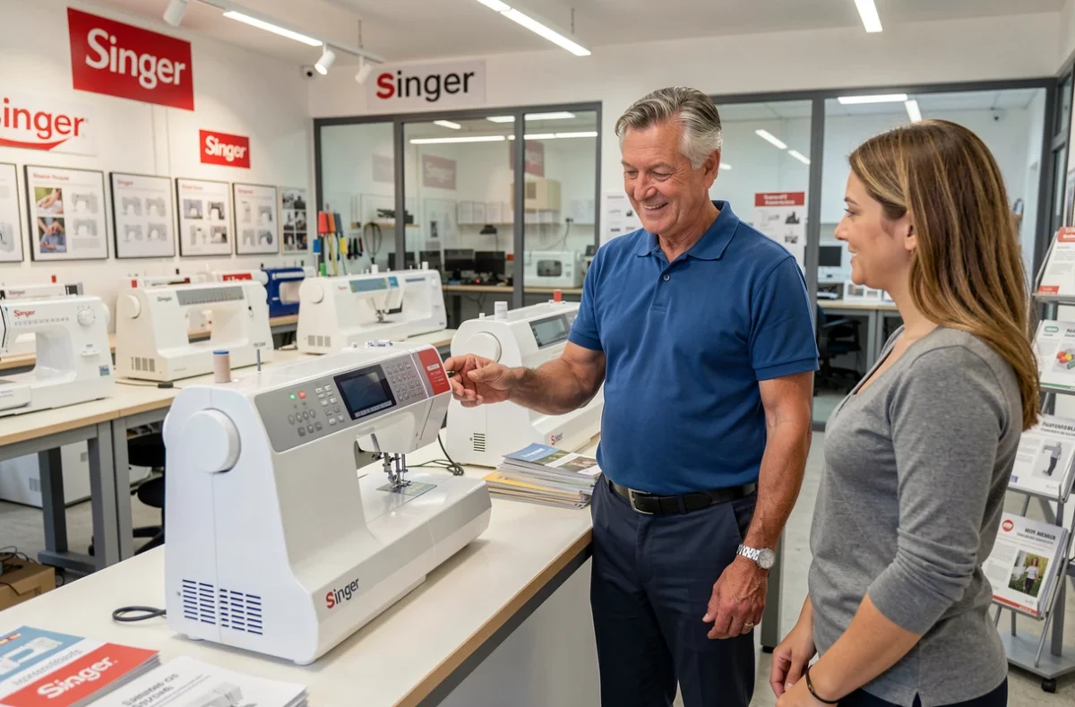 Vendeur présentant une machine à coudre Singer à une cliente dans le magasin Singer Bordeaux avec service de retouches