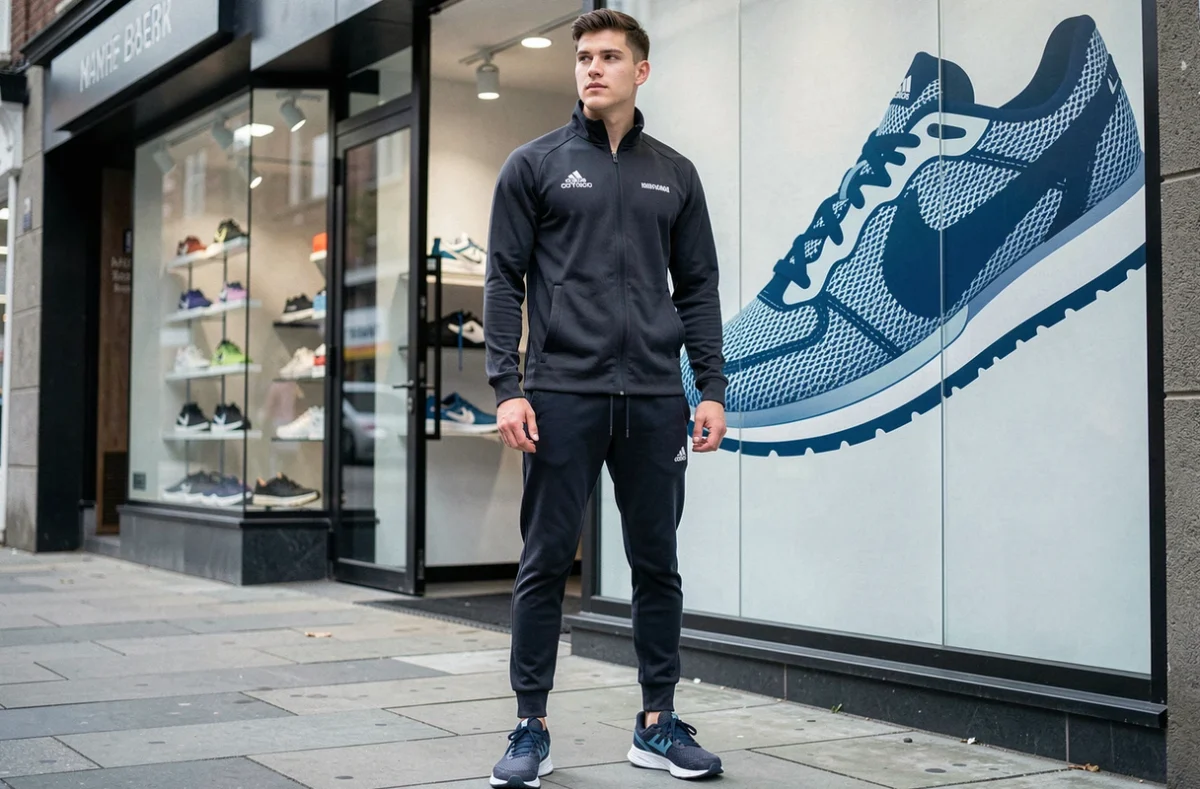 Jeune homme en tenue sportive devant la devanture de la boutique Size spécialisée sneakers à Marseille