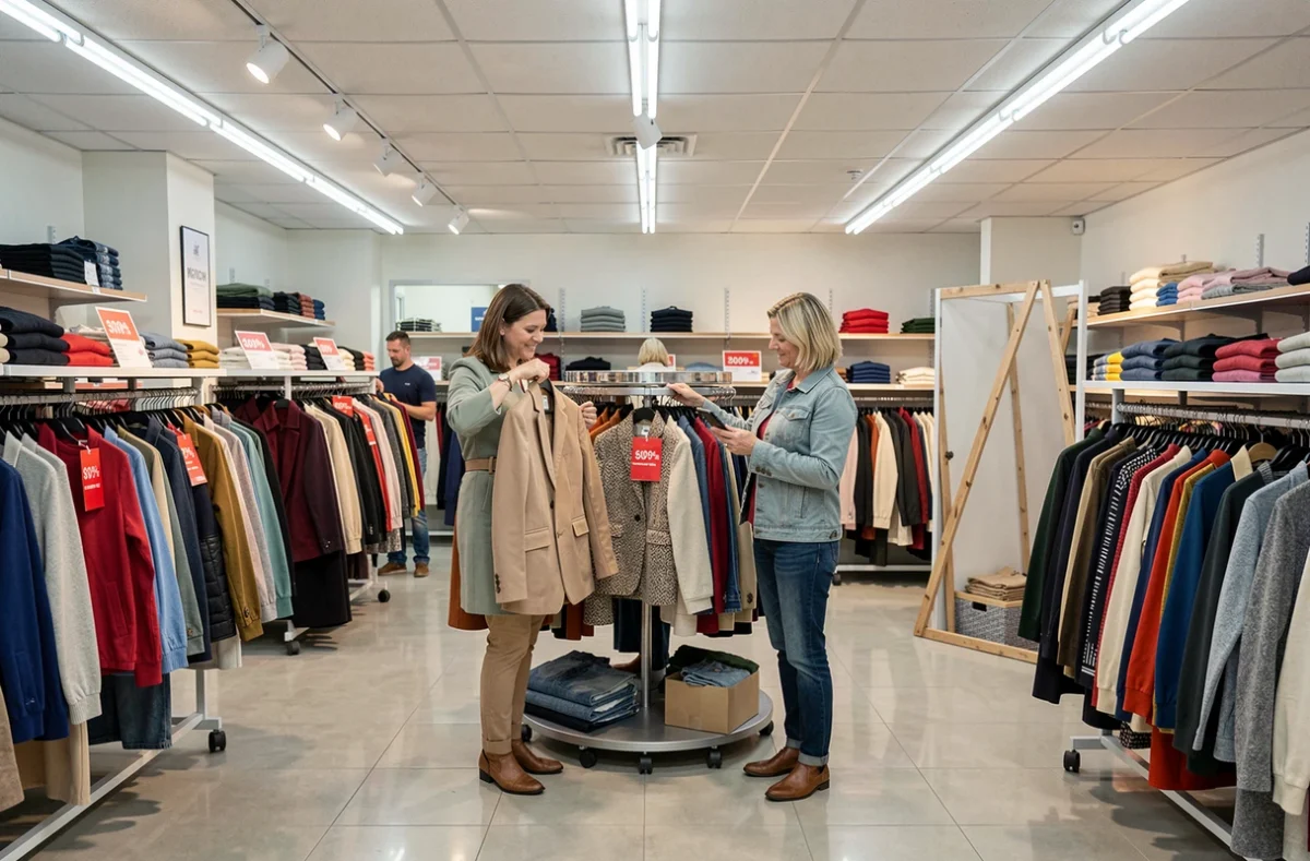 Deux femmes faisant leurs emplettes dans un magasin de vêtements lors des derniers jours des soldes