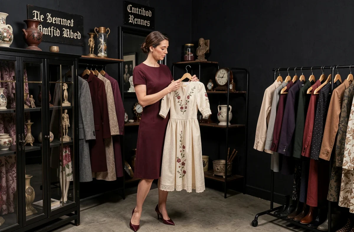 Une femme experte examine une pièce rare dans Soleil Noir Vintage, friperie spécialisée à Rennes