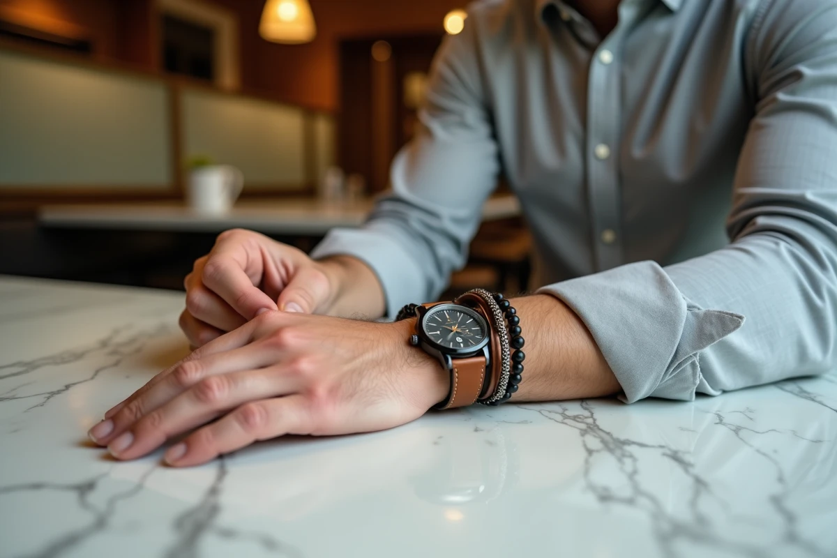 Stack de bracelets perles pour homme associés à une montre chronographe vintage, posés sur un comptoir en marbre dans un café tendance