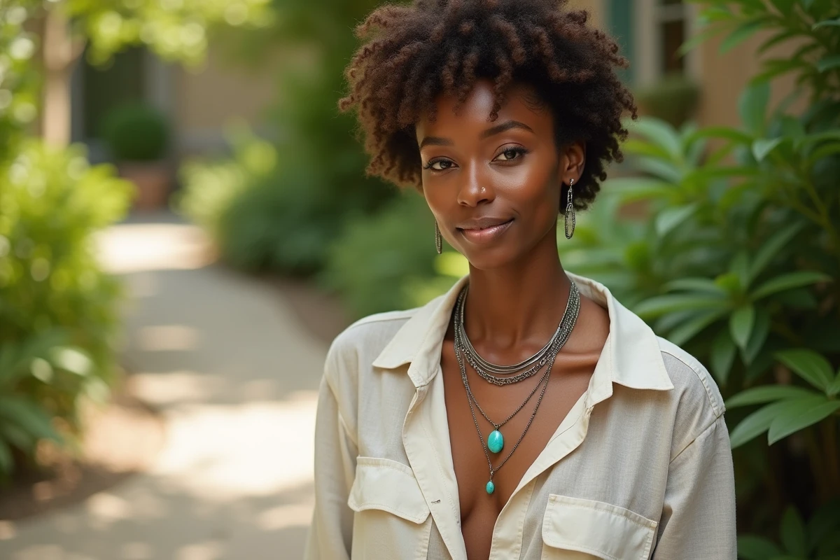 Femme aux cheveux bouclés portant un ras du cou argenté superposé avec un pendentif turquoise et une chaîne longue sur une chemise en lin dans un jardin botanique