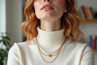 Femme portant un ras du cou doré superposé avec un collier pendentif et une sautoir de perles sur un pull col roulé ivoire