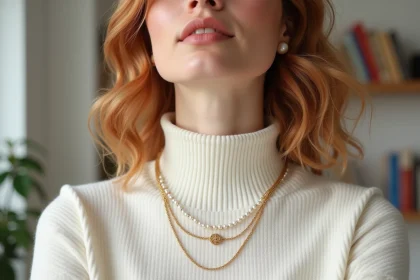 Femme portant un ras du cou doré superposé avec un collier pendentif et une sautoir de perles sur un pull col roulé ivoire