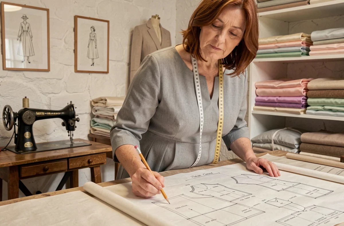 Couturière savoyarde étudiant un patron de couture dans son atelier de Savoie chez Sylvie Roche