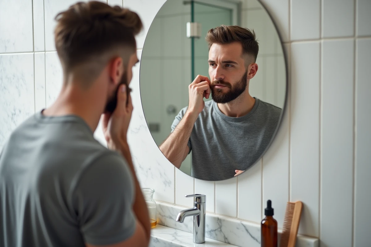 Homme vérifiant l'alignement de son taper bas et de sa barbe dans un miroir de salle de bain, routine de grooming masculine