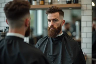 Homme en chaise de barbier avec un taper bas et une barbe bien tracée, contours et pattes alignés au millimètre