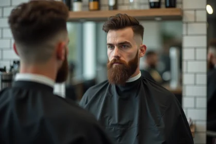 Homme en chaise de barbier avec un taper bas et une barbe bien tracée, contours et pattes alignés au millimètre
