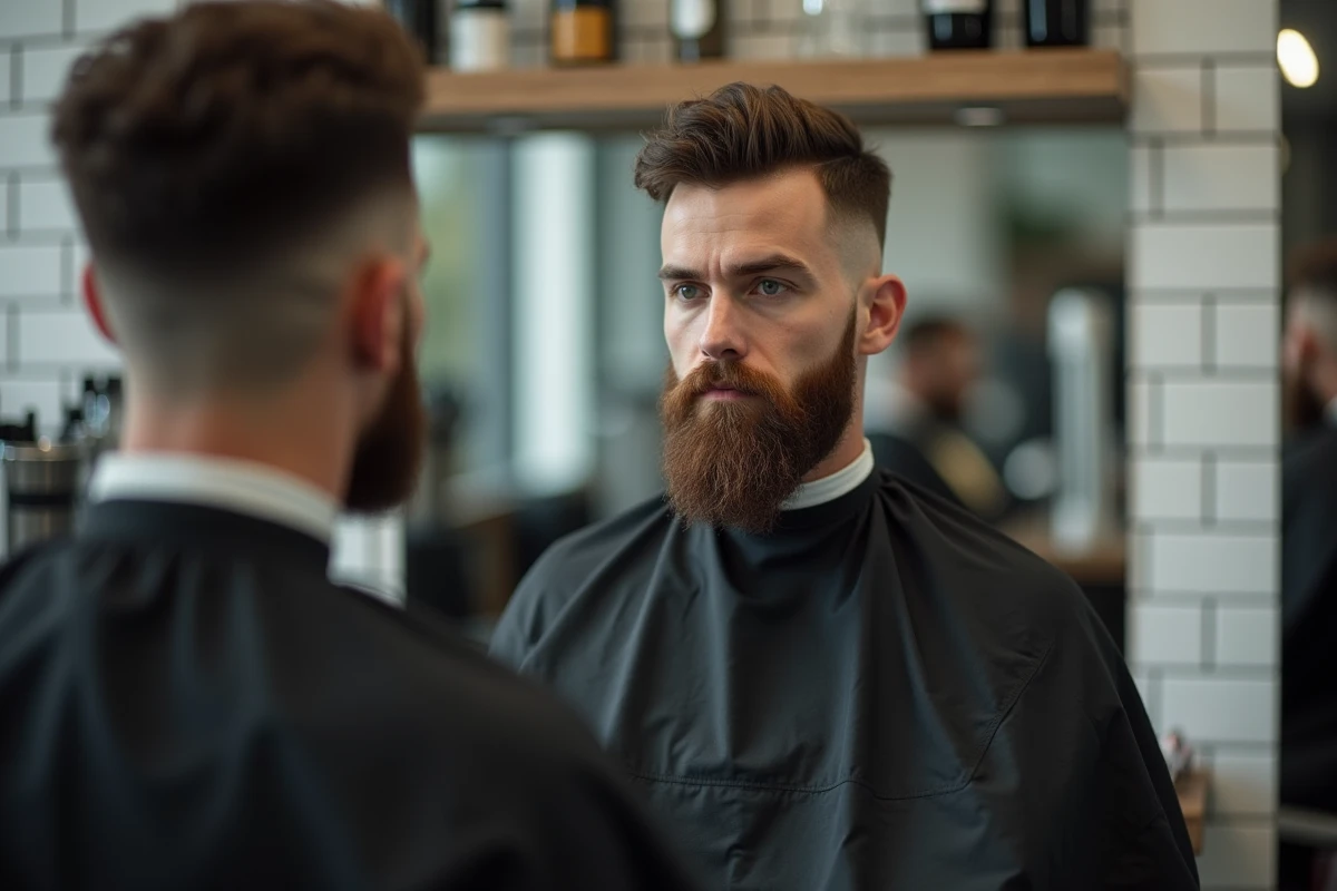 Homme en chaise de barbier avec un taper bas et une barbe bien tracée, contours et pattes alignés au millimètre