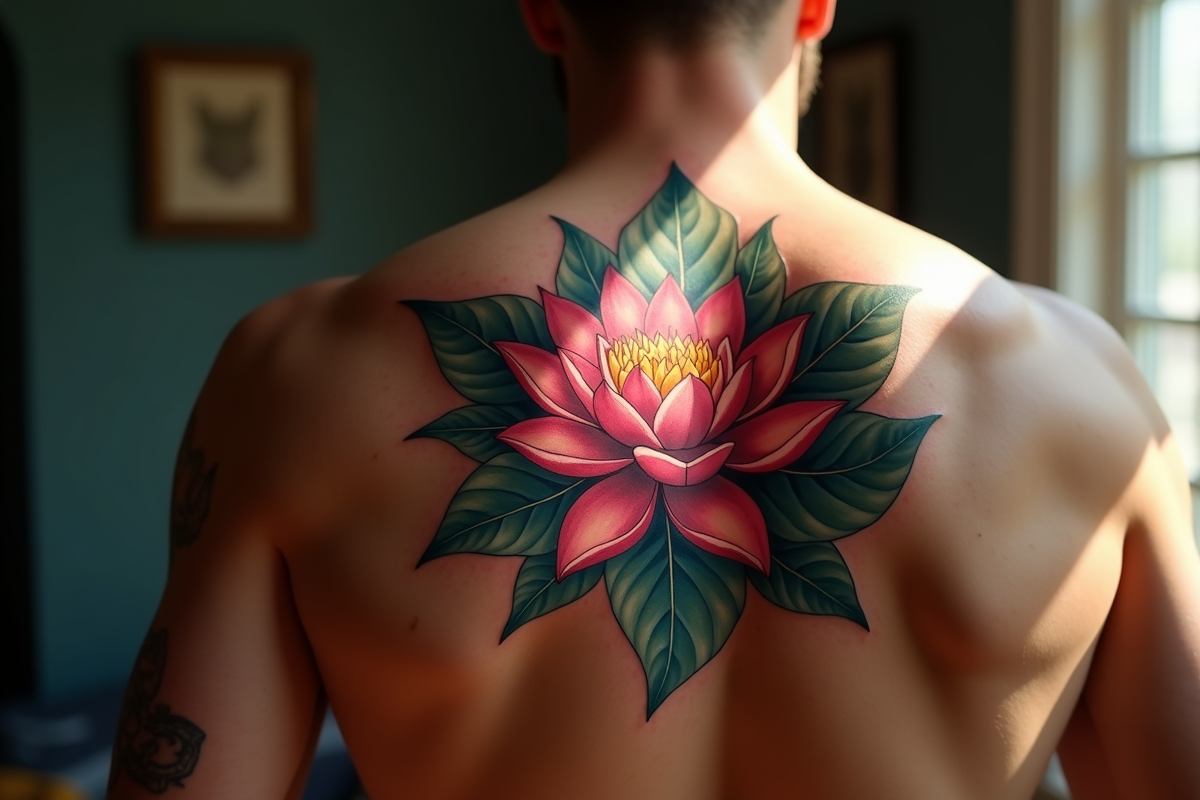 Tatouage lotus coloré sur le dos d