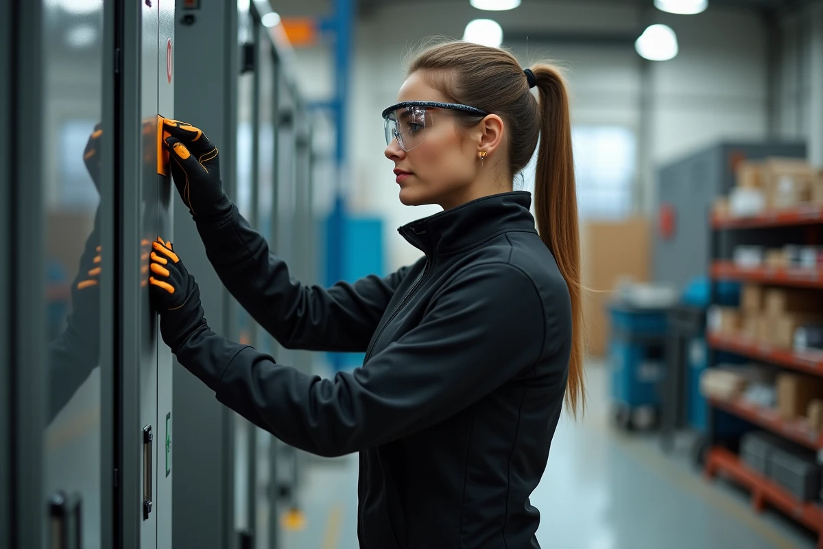 Femme ajustant une machine dans un atelier industriel