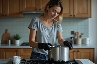 Femme en train de teindre un t-shirt en noir dans une casserole sur une cuisinière, avec des gants en caoutchouc et des sachets de teinture textile visibles sur le plan de travail