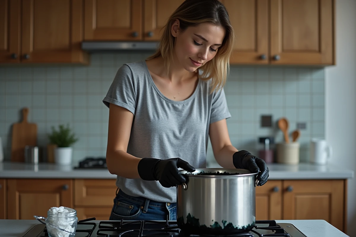 Femme en train de teindre un t-shirt en noir dans une casserole sur une cuisinière, avec des gants en caoutchouc et des sachets de teinture textile visibles sur le plan de travail