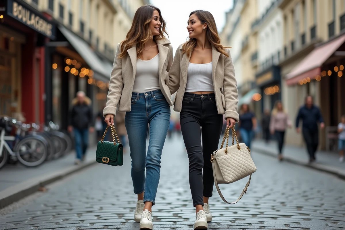 Deux femmes marchant dans une rue pavée parisienne en jean et sneakers plateformes blanches, chacune portant un sac à main tendance 2026 différent — trapèze vert et tote matelassé blanc