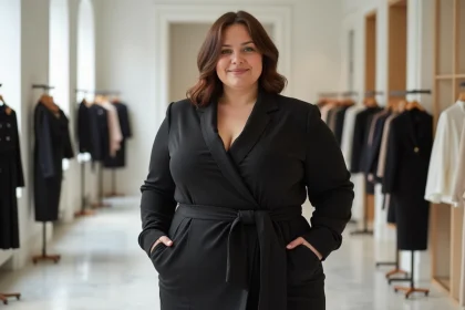 Femme ronde élégante en robe noire portefeuille structurée avec ceinture, look chic qui affine la silhouette
