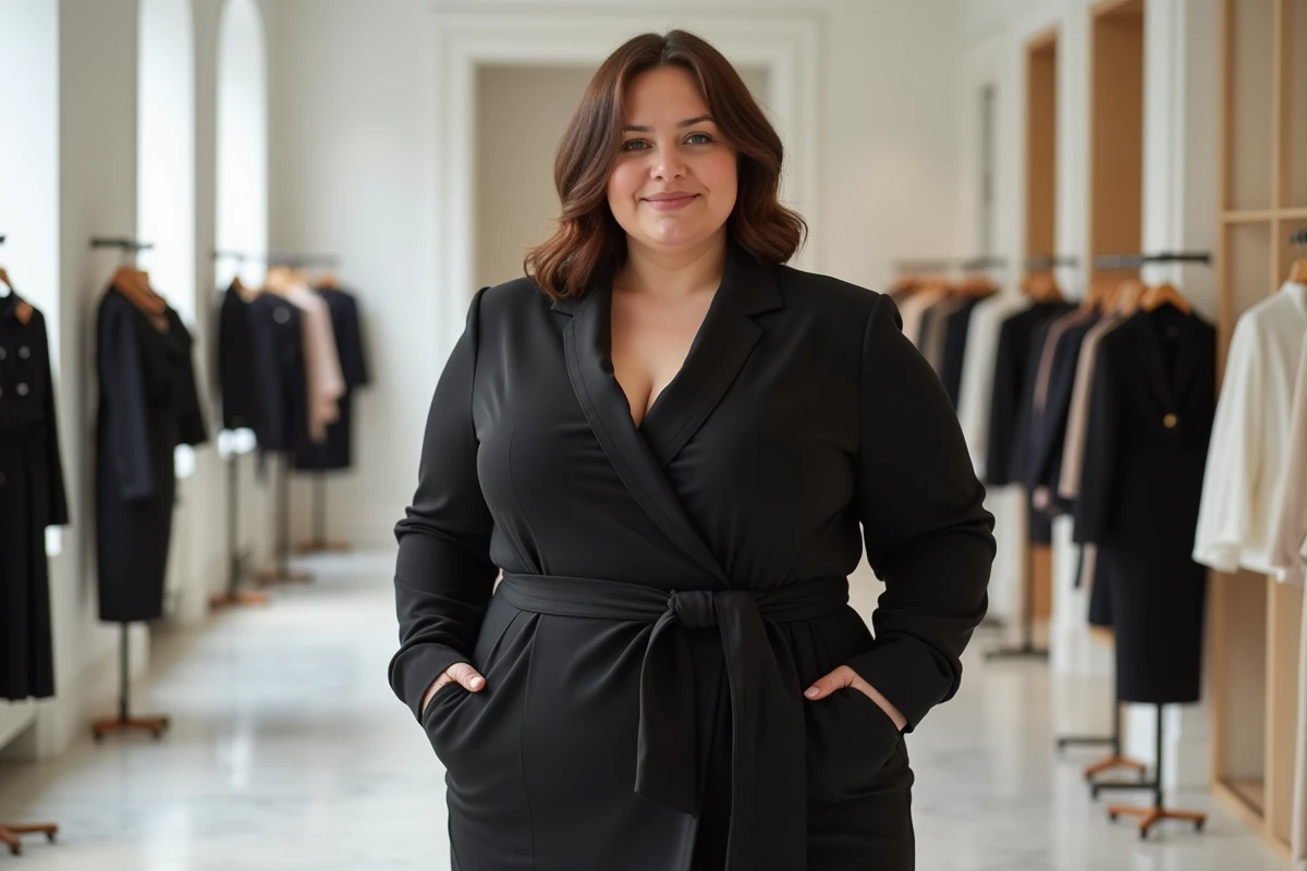 Femme ronde élégante en robe noire portefeuille structurée avec ceinture, look chic qui affine la silhouette