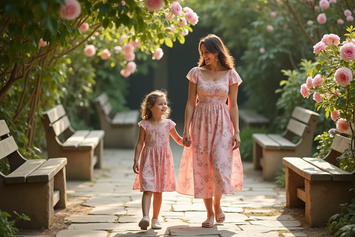 Mère et fille en tenues matchy matchy florales roses se promenant dans un jardin botanique