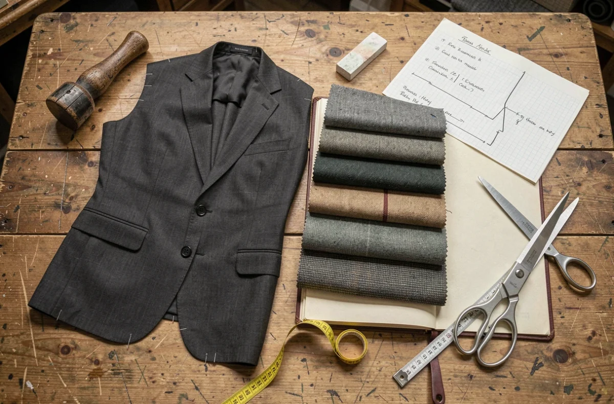 Tissus et outils de tailleur pour la confection d'un costume homme sur mesure à Reims