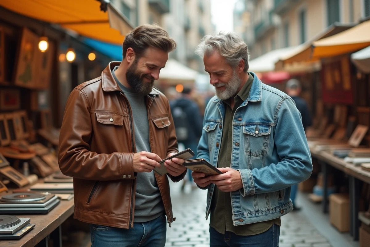Comparaison de veste vintage homme cuir et denim dans un marché aux puces, deux styles authentiques côte à côte
