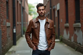 Homme en veste vintage en cuir marron dans une ruelle urbaine avec murs en briques, style décontracté et authentique