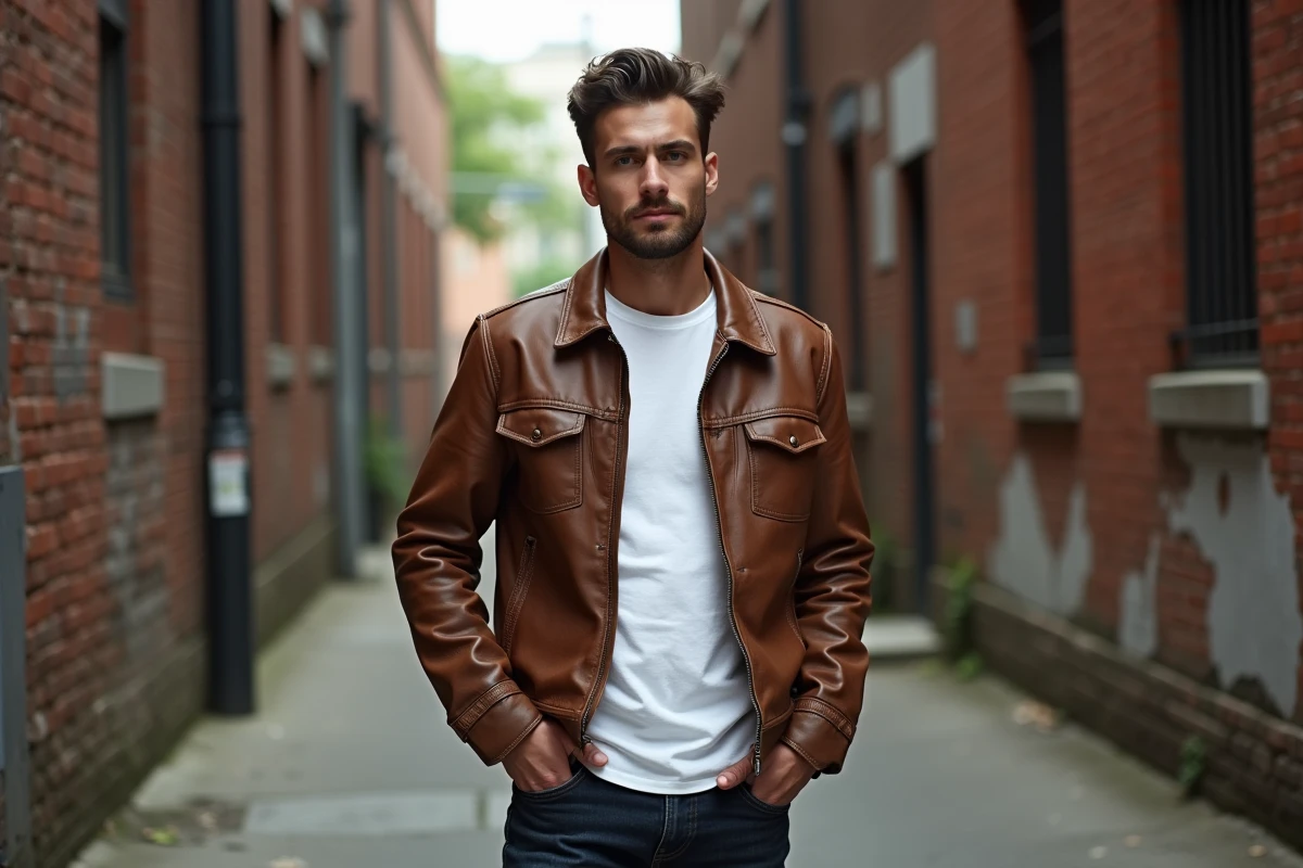 Homme en veste vintage en cuir marron dans une ruelle urbaine avec murs en briques, style décontracté et authentique