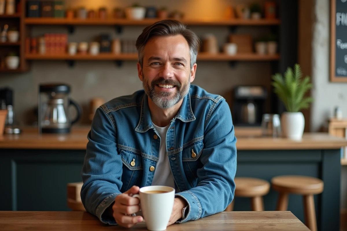 Homme portant une veste en denim indigo assis dans un café rustique, style vintage décontracté et authentique